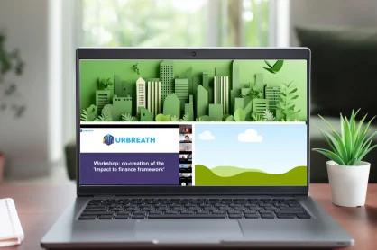 Laptop showing URBREATH's virtual workshop on co-creating an Impact to Finance Framework with Living Labs.